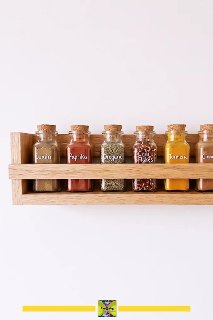 Pallet spice rack shelf holding labeled spice jars in a kitchen