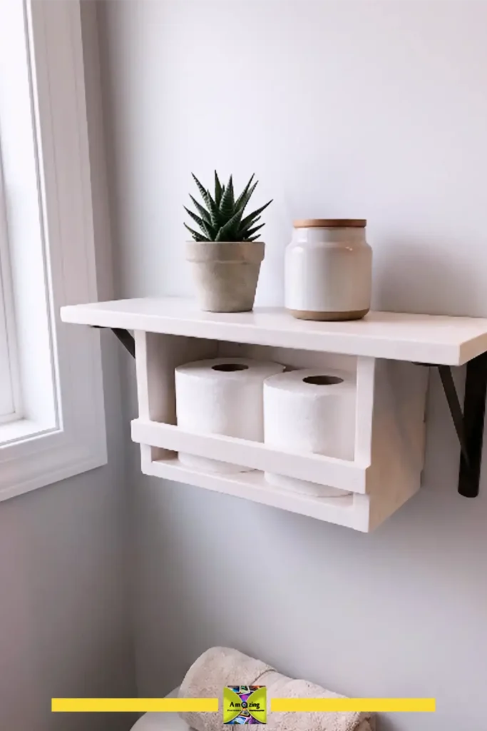 Pallet toilet paper storage shelf mounted on a bathroom wall