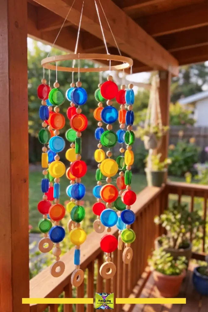 Plastic bottle cap wind chime with caps hanging from strings, backlit by sunlight