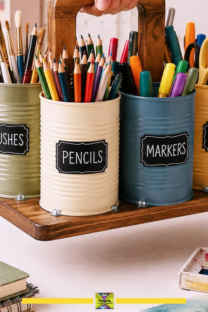 Portable art-supply caddy made from grouped tin cans with a carry handle
