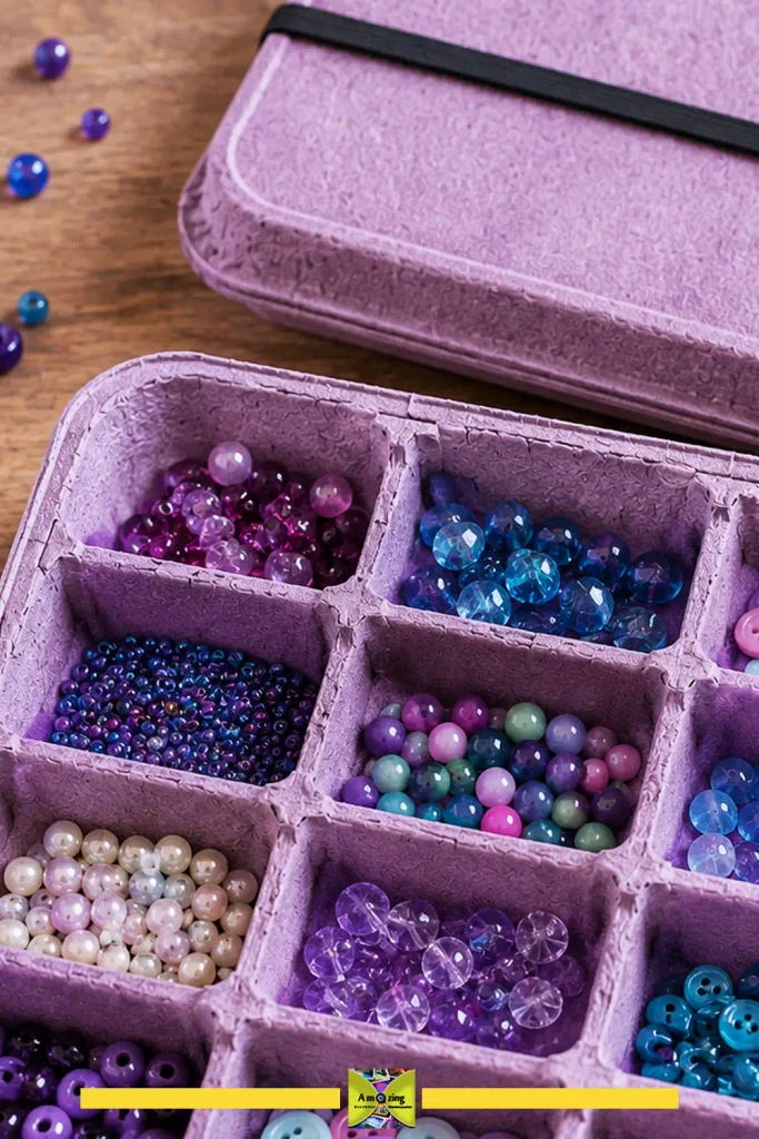 Portable egg carton tray sorting colorful beads and buttons by type