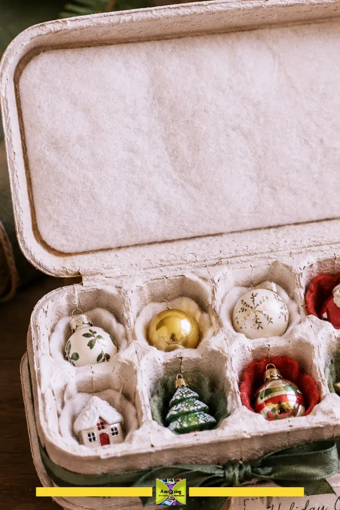 Egg carton case protecting fragile holiday ornaments in individual cups
