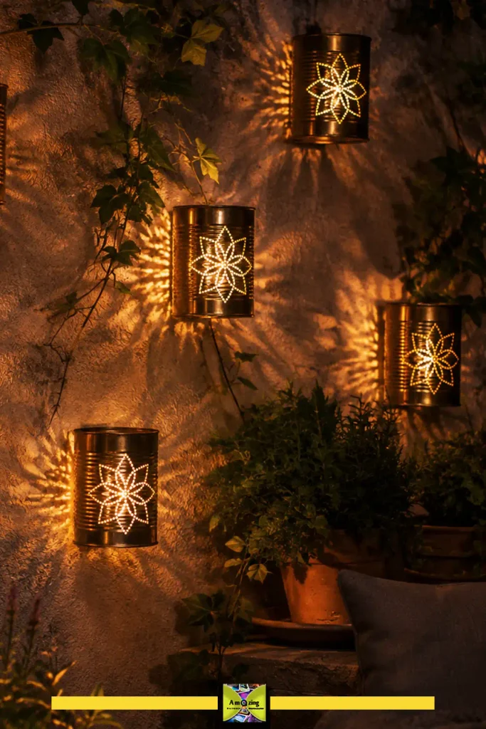 Tin can lanterns with punched hole patterns glowing from LED lights inside