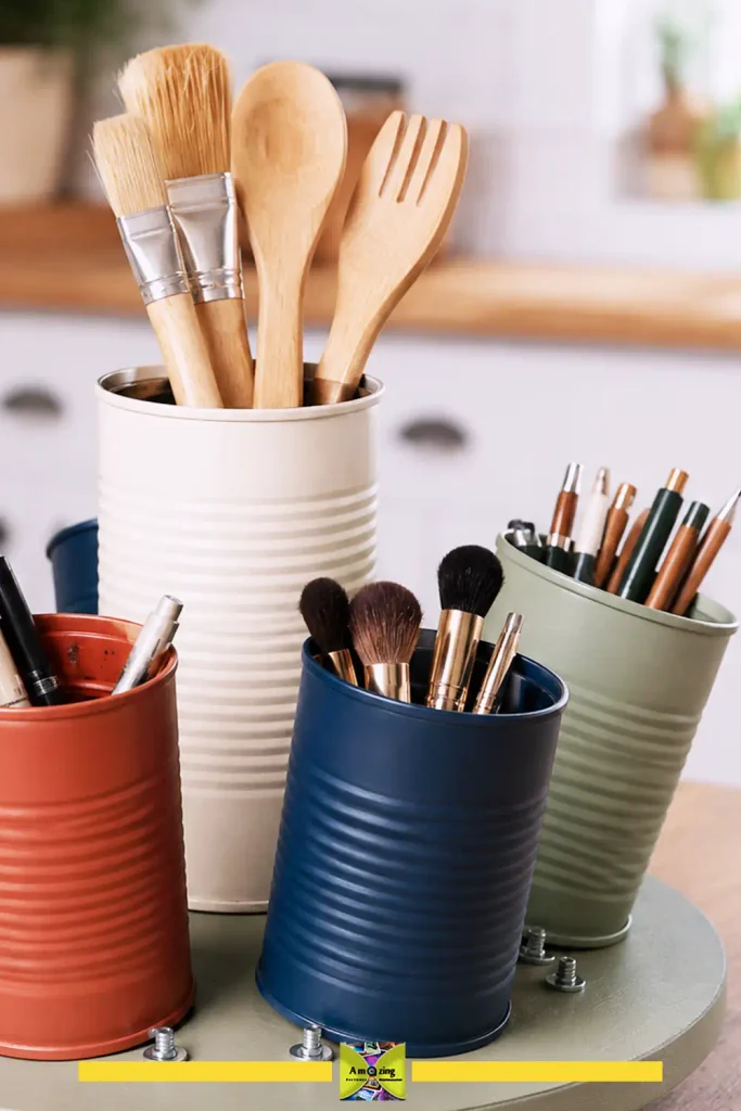 Rotating tabletop organizer made from tin cans mounted around a central base