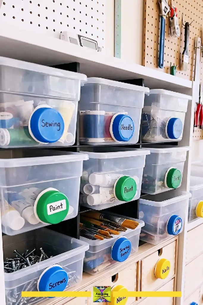 Drawer and storage labels made from bottle caps with handwritten category names