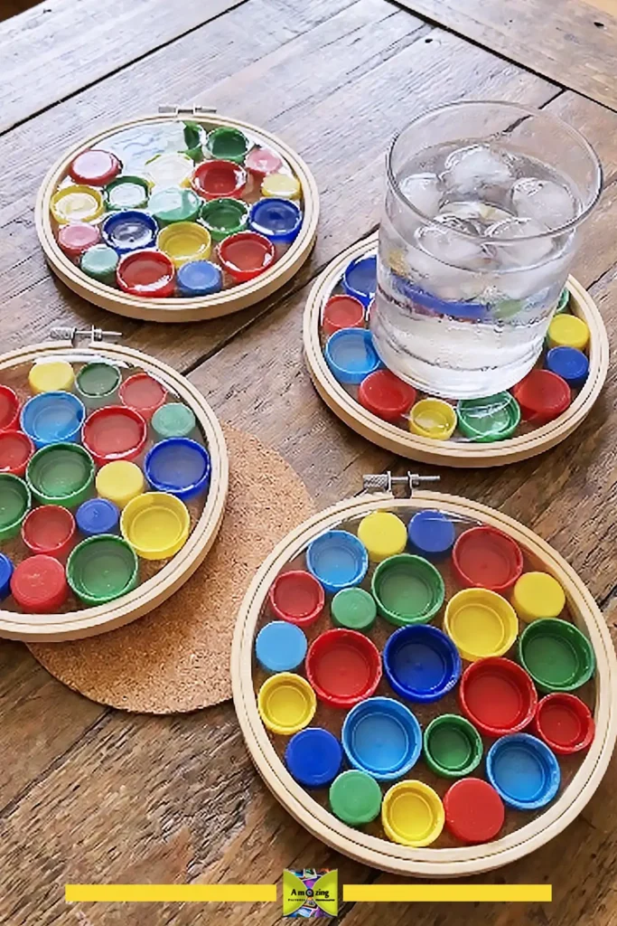Set of coasters made from plastic bottle caps arranged into a flat disc