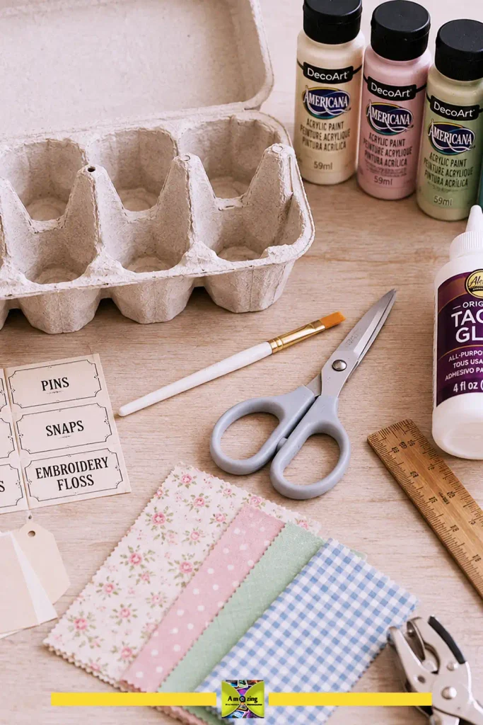 Egg carton tray used to sort sewing notions, spools, and embroidery floss