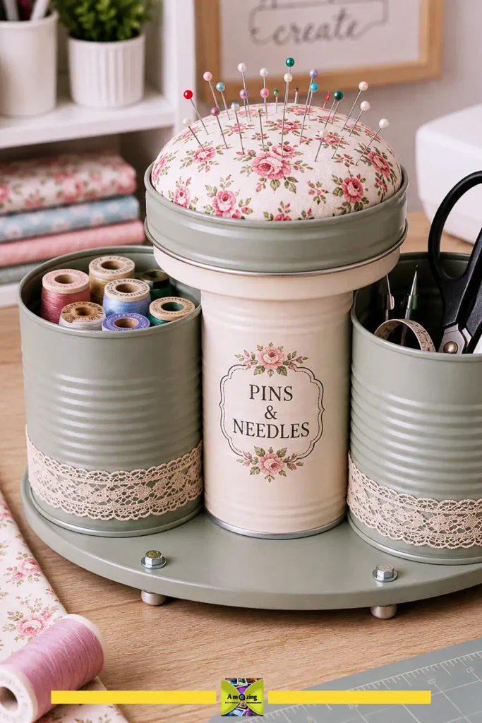 Sewing-station organizer made from tin cans with a pincushion secured on top