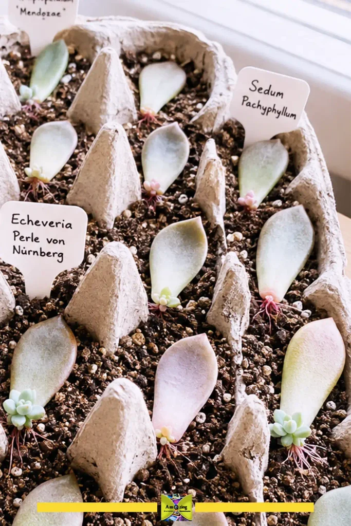 Egg carton cups used as a propagation station for succulent leaves