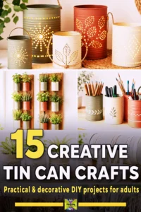 Coordinated set of upcycled tin can crafts — a wrapped planter, painted desk organizer, and punched lantern in sage, cream, and terracotta, with one clean empty food can.