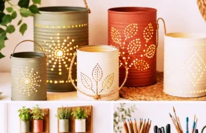 Coordinated set of upcycled tin can crafts — a wrapped planter, painted desk organizer, and punched lantern in sage, cream, and terracotta, with one clean empty food can.
