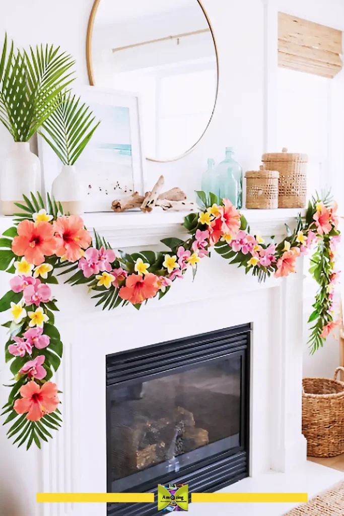 Tropical flower garland made from plastic bottles in coral and bright summer colors