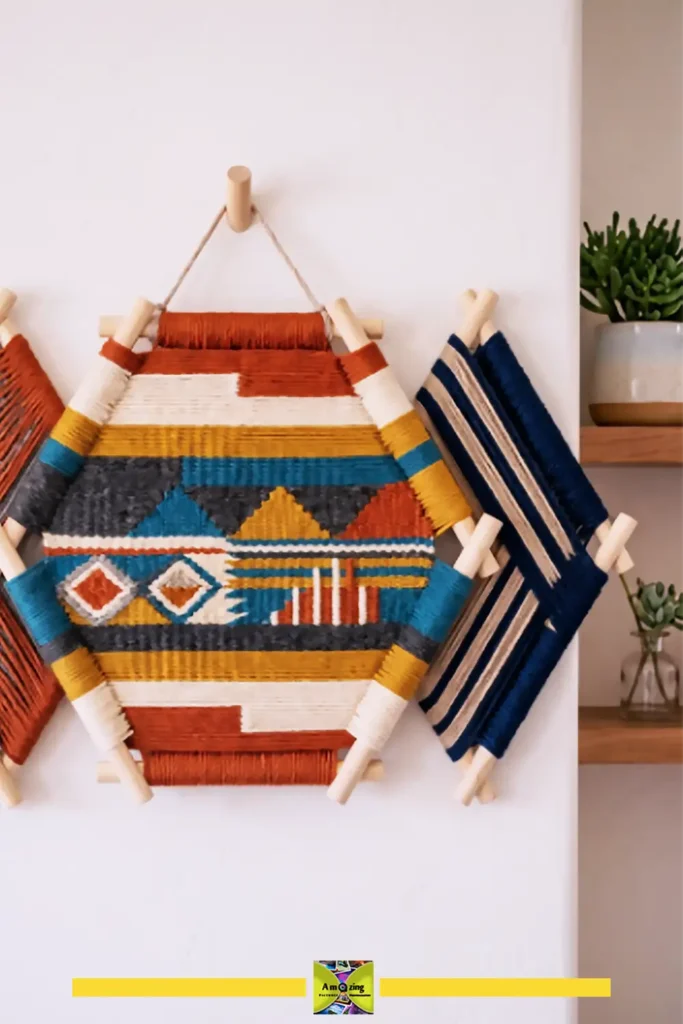 Triangle wool-wrapped wall decor in mustard, cream, and charcoal on a white wall