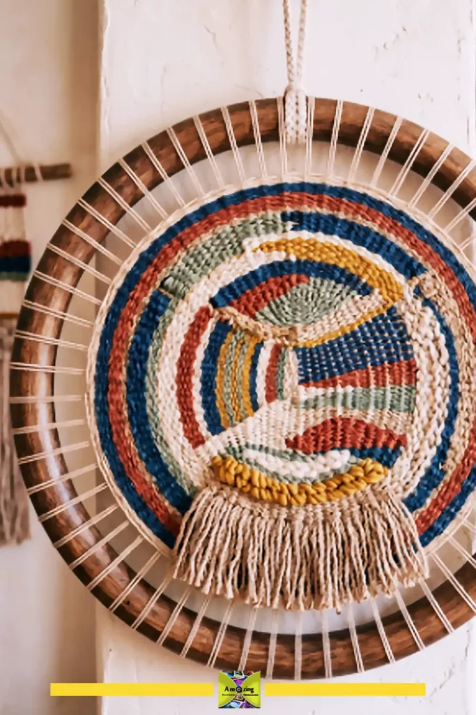 Circular woven wall hanging on a bangle frame in warm earth tones