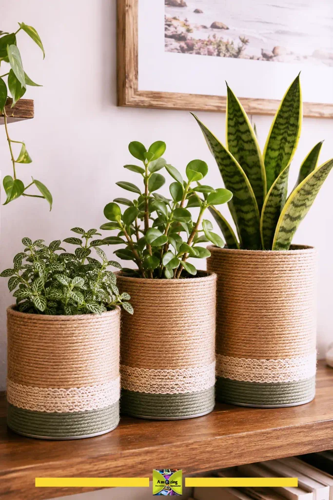 Decorative tin cans wrapped in fabric and twine used as cachepots for plants