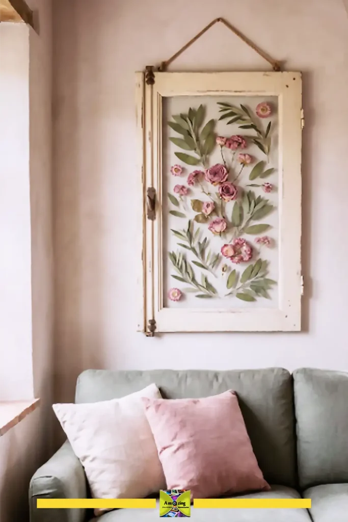 Painted botanical wall art made from an old cabinet door in soft sage and cream