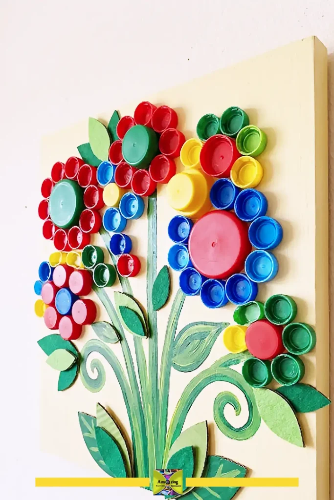 Bottle cap flower wall decor with overlapping caps forming petal shapes