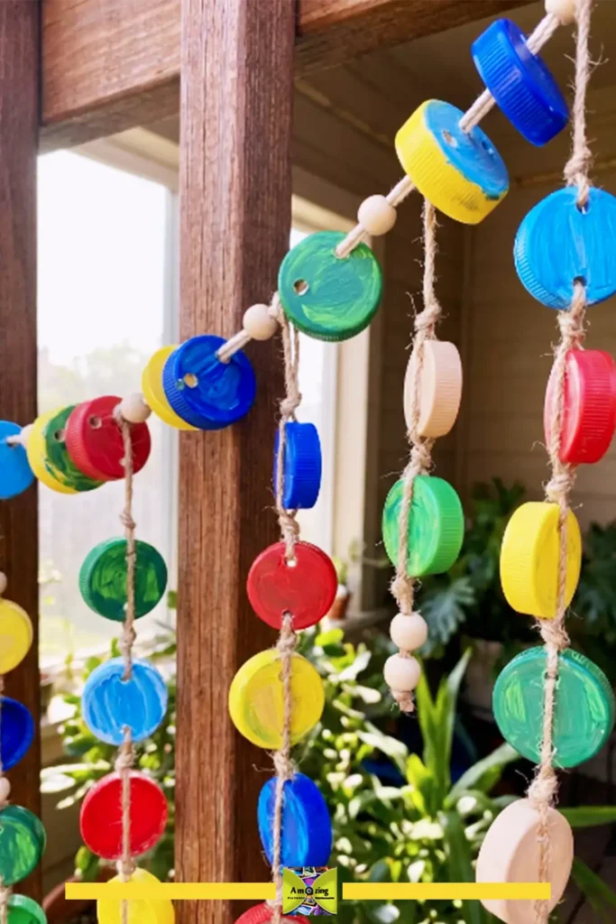 Garland of plastic bottle caps strung together and hung as decoration