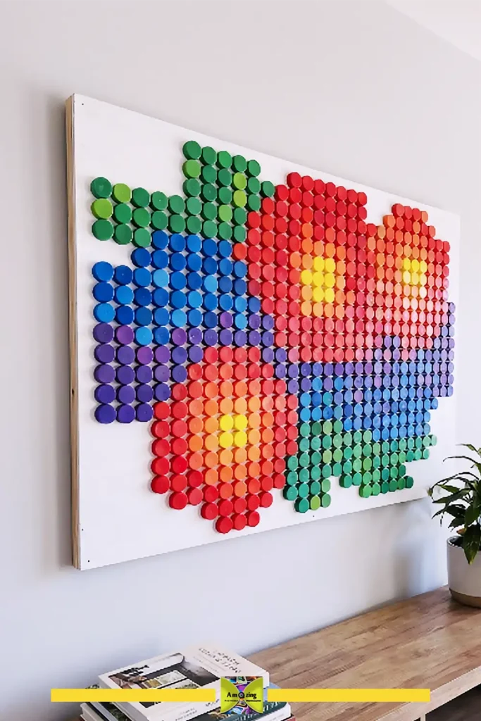 Colorful plastic bottle cap mosaic wall art arranged in a geometric pattern