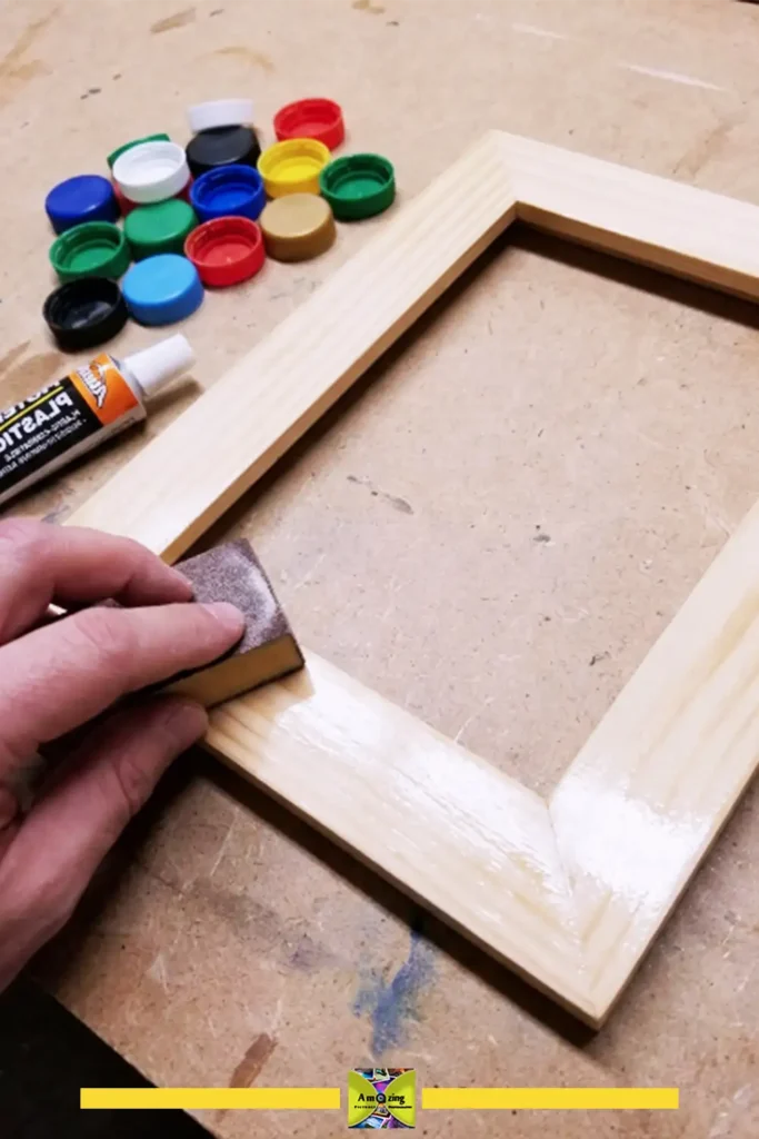 Photo frame decorated with a border of colorful plastic bottle caps