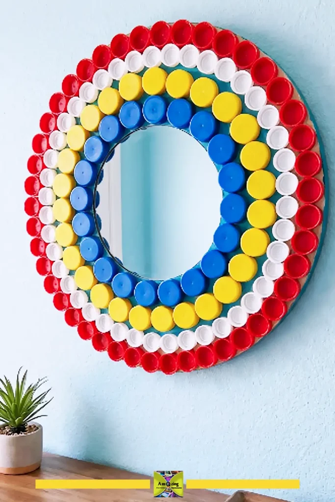 Sunburst mirror frame made from plastic bottle caps radiating around a round mirror