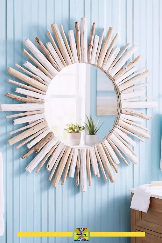 DIY coastal sunburst mirror frame made from cardboard strips in warm white and sandy beige