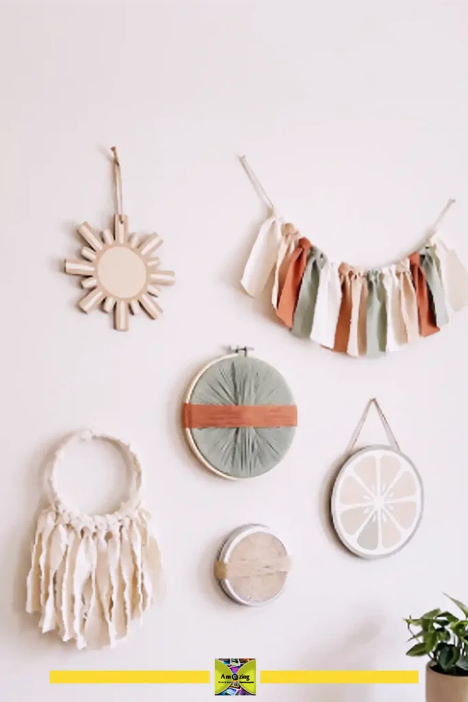 Recycled summer gallery wall arranging six to seven small handmade decorations in a shared palette