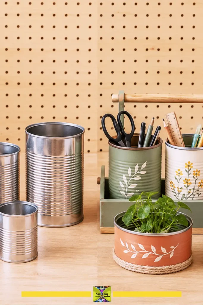 Group of empty food cans lined up beside finished decorated tin can crafts