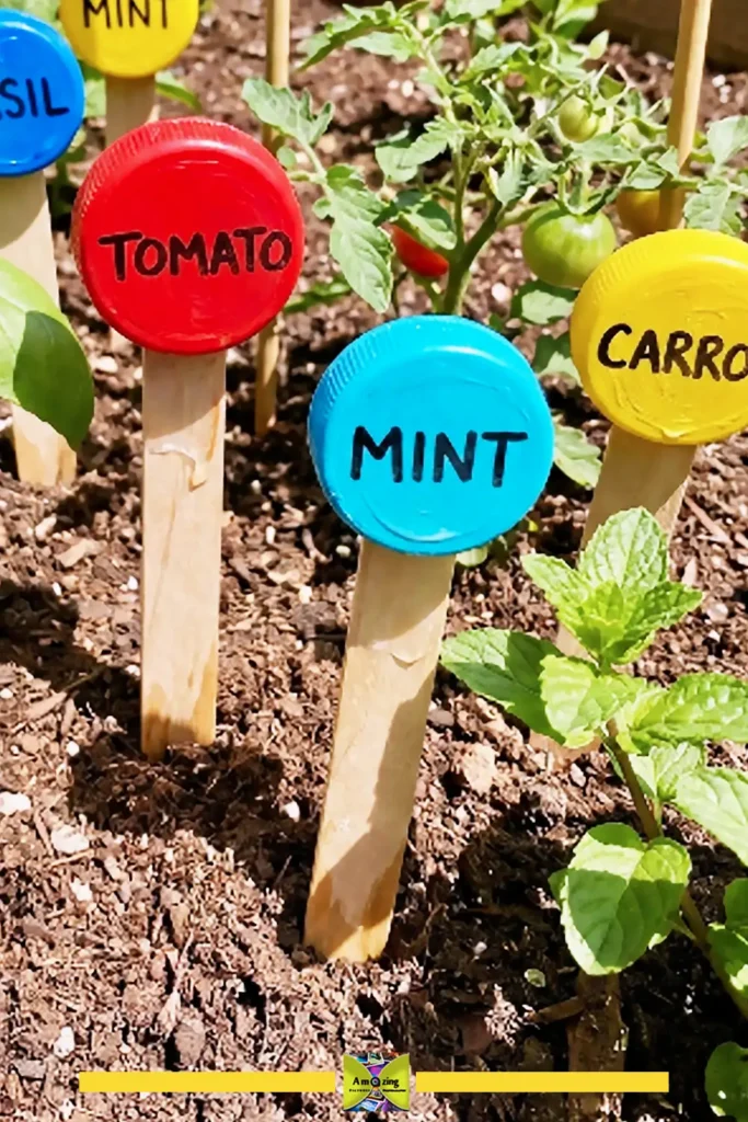Plant markers made from bottle caps labeled and placed in terracotta herb pots