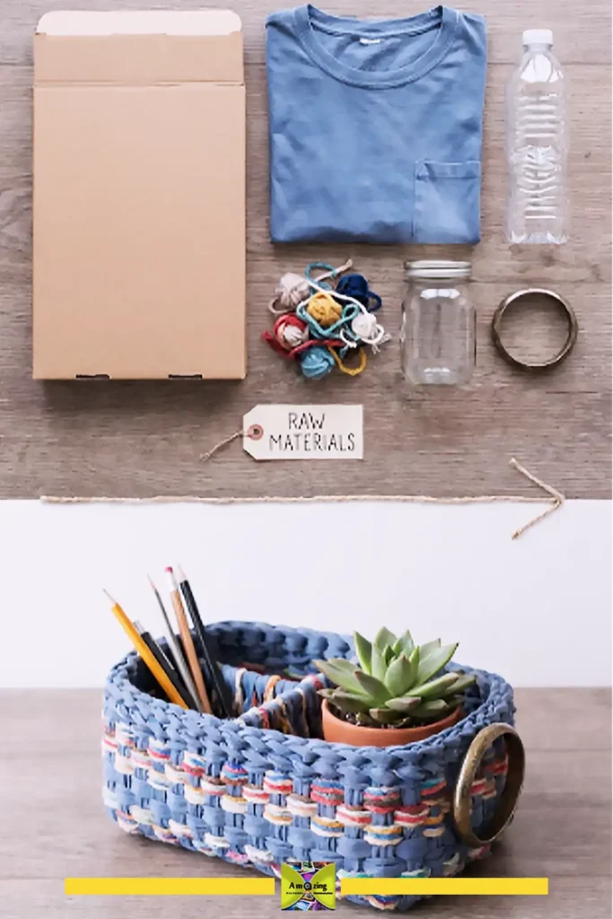 Flat lay of everyday and upcycled craft materials including cardboard, plastic bottles, yarn, fabric scraps, and old bangles