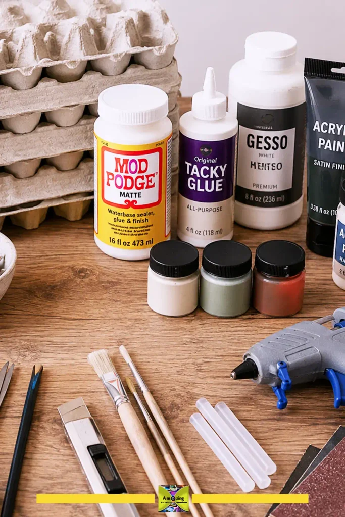 Tools laid out for egg carton crafts including scissors, glue, and paint