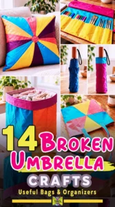 Colorful DIY bags, organizers, and pillow made from repurposed broken umbrellas.
