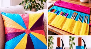 Colorful DIY bags, organizers, and pillow made from repurposed broken umbrellas.