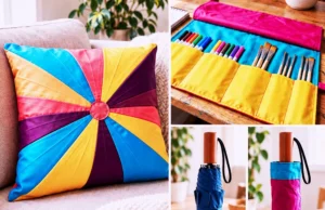 Colorful DIY bags, organizers, and pillow made from repurposed broken umbrellas.