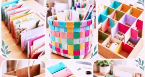 Collage of colorful DIY greeting card organizers, envelopes, and craft storage ideas.