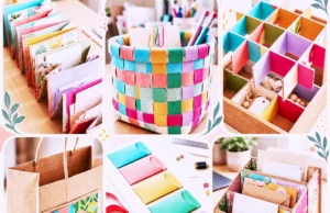 Collage of colorful DIY greeting card organizers, envelopes, and craft storage ideas.