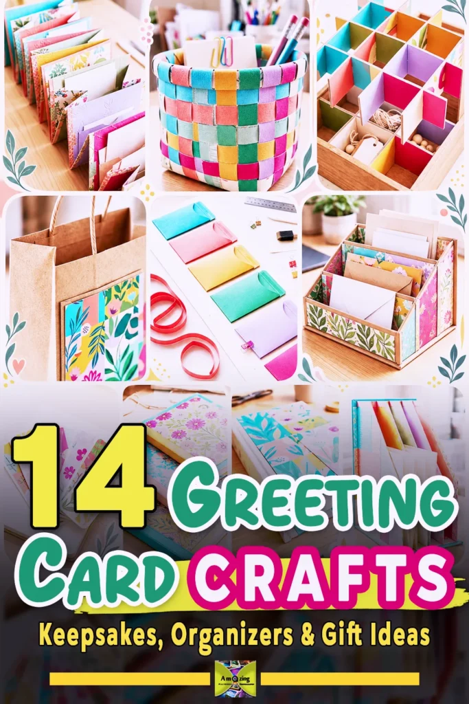 Collage of colorful DIY greeting card organizers, envelopes, and craft storage ideas.