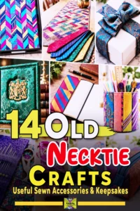 Collage of colorful DIY crafts made from old neckties, including organizers, covers, and gifts.