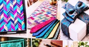 Collage of colorful DIY crafts made from old neckties, including organizers, covers, and gifts.