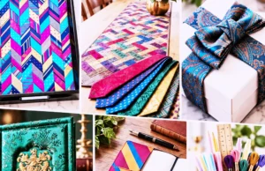 Collage of colorful DIY crafts made from old neckties, including organizers, covers, and gifts.