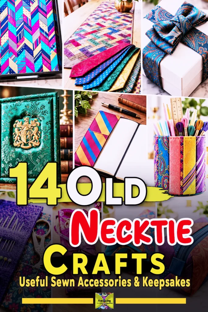 Collage of colorful DIY crafts made from old neckties, including organizers, covers, and gifts.