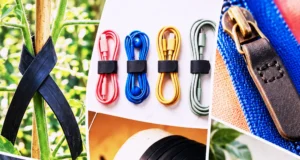 Collage of DIY crafts made from bike inner tubes, including organizers, cable ties, and accessories.