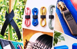 Collage of DIY crafts made from bike inner tubes, including organizers, cable ties, and accessories.