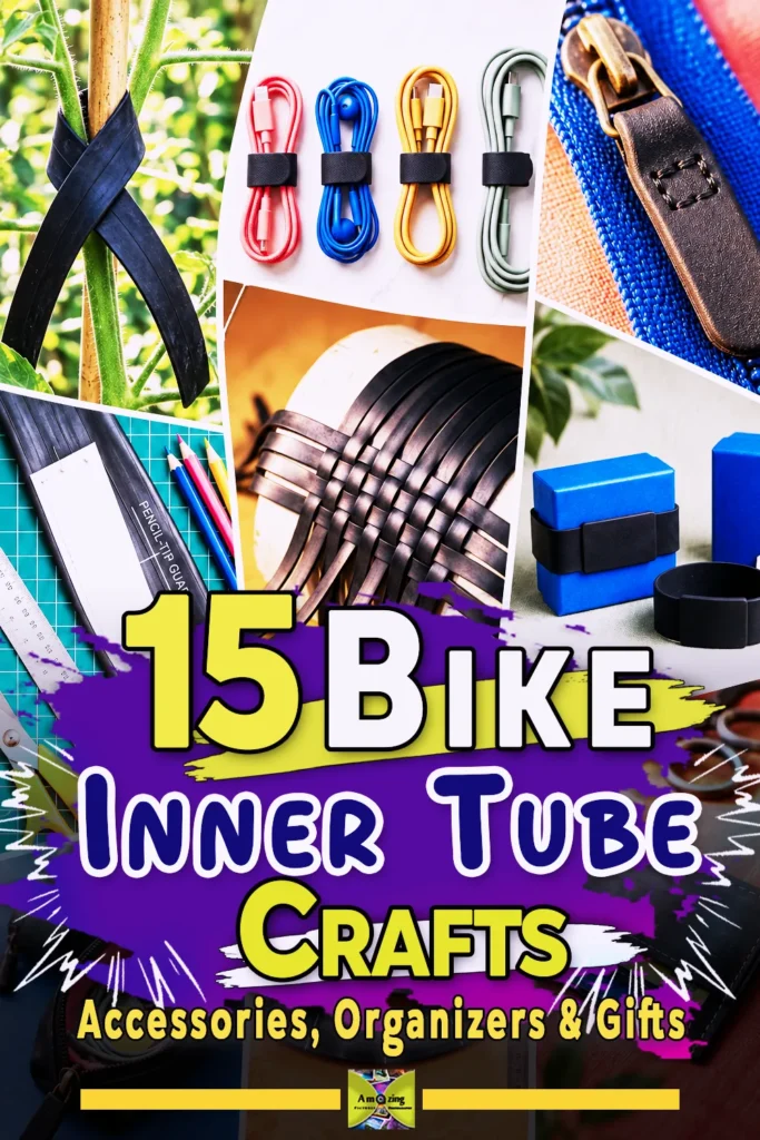 Collage of DIY crafts made from bike inner tubes, including organizers, cable ties, and accessories.