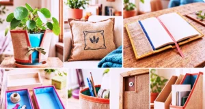 Collage of DIY crafts made from burlap coffee bags including totes, organizers, and rustic home décor.