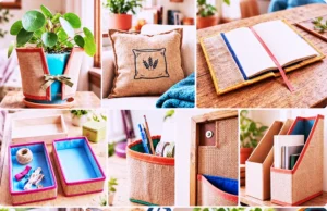 Collage of DIY crafts made from burlap coffee bags including totes, organizers, and rustic home décor.