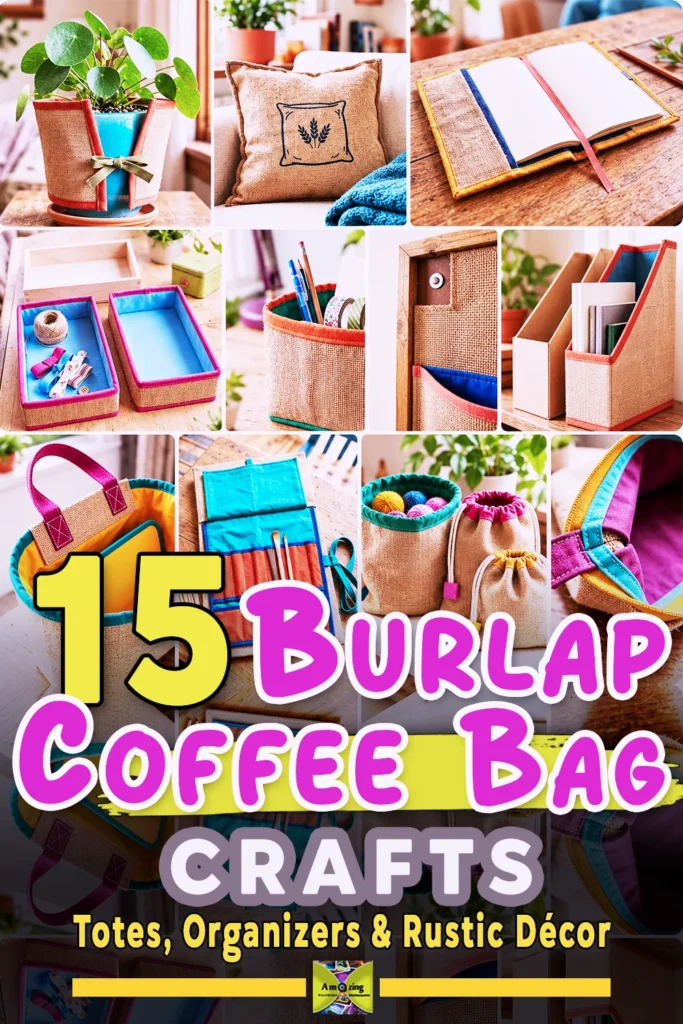 Collage of DIY crafts made from burlap coffee bags including totes, organizers, and rustic home décor.