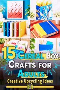 Collage of colorful upcycled cereal box crafts including organizers, folders, and art projects.