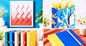 Collage of colorful upcycled cereal box crafts including organizers, folders, and art projects.
