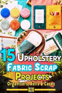 Colorful fabric scrap organizers, rolls, and cases made from upholstery fabric displayed creatively.